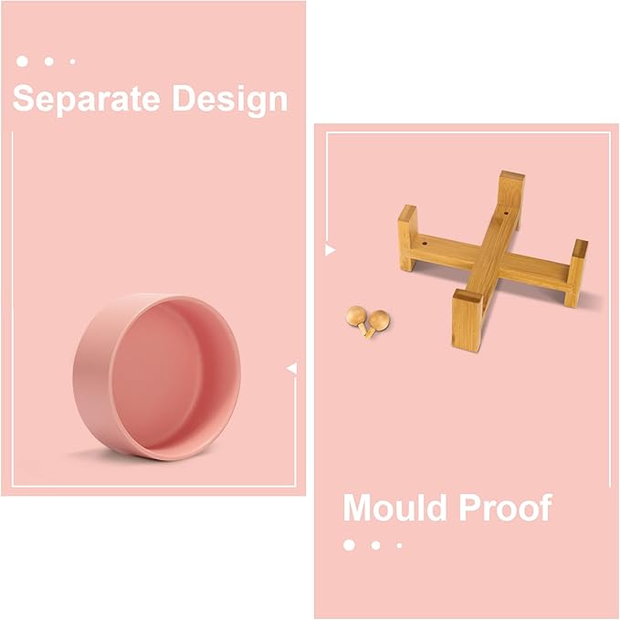 SPUNKYJUNKY 15° Slanted Ceramic Dog and Cat Bowl with Wooden Stand, Tilted Bulldog Food and Water Bowl No Slip Non-Spill for Cats Medium Dogs Big Face Pets 28.7 OZ (3.6 Cups,Pink)-Mewly Pet