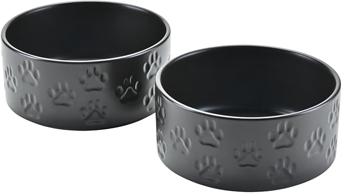 SPUNKYJUNKY Ceramic Dog and Cat Bowls 2 Pack, 5.1'' Dog and Cat Food Water Double Feeding Bowls Non-Slip for Cats and Puppy Small Sized Breed Dogs Microwave Dishwasher Safe - 13.5 OZ, 2pcs, Paw Black-Mewly Pet