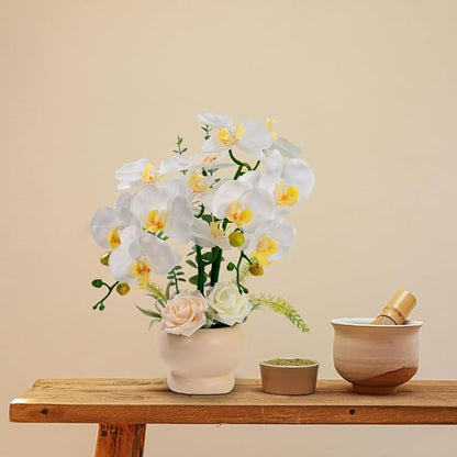 LESING Artificial Orchid Flower with Vase, White Orchid Bonsai Faux Orchid Phalaenopsis Plant Pot Arrangements for Home Decoration (White,Beige Vase)