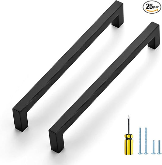 Ravinte 25 Pack Black Cabinet Pulls 8 Inch Square Kitchen Cabinet Handles Matte Black Kitchen Hardware for Drawer Pulls Drawer Handles Come with Screwdriver