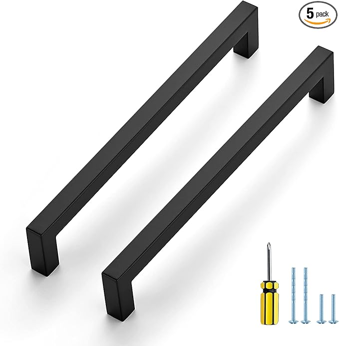 Ravinte 5 Pack Black Cabinet Pulls 8 Inch Square Kitchen Cabinet Handles Matte Black Kitchen Hardware for Drawer Pulls Drawer Handles Come with Screwdriver