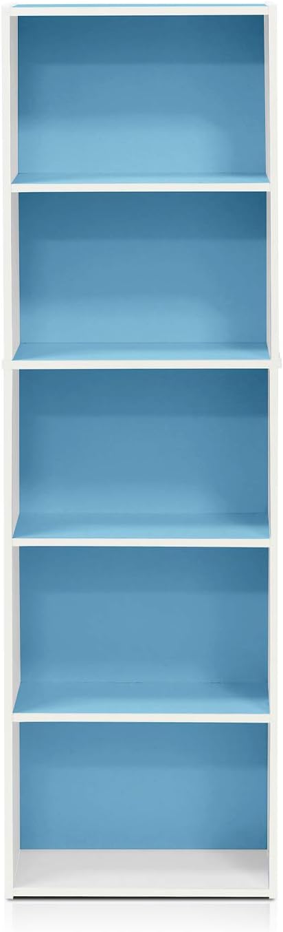 Furinno LUDER Book Shelf, 5-Tier Bookshelf, Bookcase, 9.4" x 15.8" x 52", for Living Room, Bedroom, Home Office, White/Light Blue