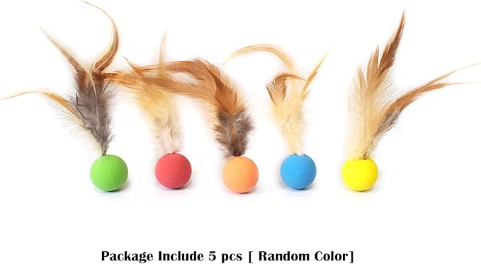 Cat Toy Balls, 5 PCS Colorful Feather Bouncy Balls for Cats No Noise Interactive Kitten Toys Cat Exercise Ball, Safe for Your Kitty (A)-Mewly Pet