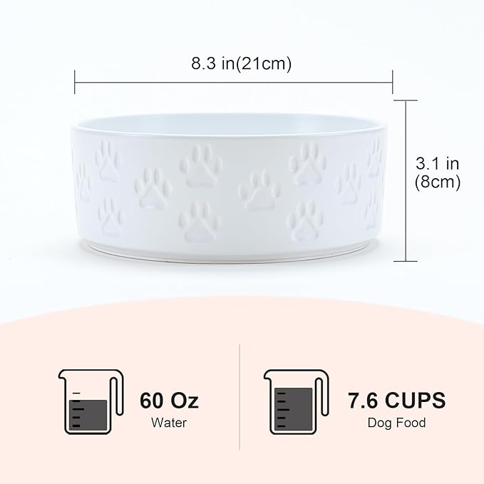 SPUNKYJUNKY Ceramic Dog Bowls 2 Pack, 8.3'' Dog Food Water Double Feeding Bowls Non-Slip for Medium to Large Sized Breed Microwave Dishwasher Safe - 60 OZ, 2pcs, Paw White-Mewly Pet