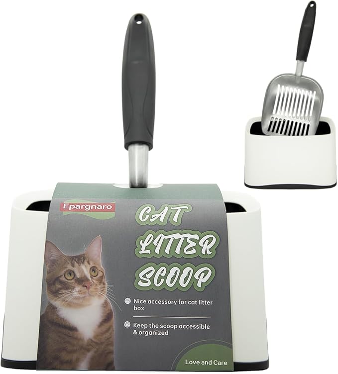 Heavy Duty Cat Litter Scoop with Holder - All Metal Cat Litter Scooper with Holder - Speed Sifter Litter Box Scooper Captures All Clumps - Aluminum Cats Littter Scooper and Caddy-Mewly Pet