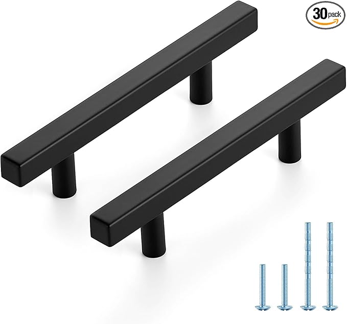 JOY DECOR 30 Pack 3-1/2 Inch Matte Black Square Cabinet Handles Stainless Steel Cabinet Hardware Pulls for Kitchen and Drawers with 6 Inch Overall Length