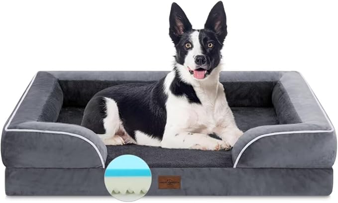 Comfort Expression Cooling Dog Bed for Large Dogs, Memory Foam Orthopedic Dogs Beds, Waterproof Washable Dog Beds with Removable Cover, Pet Bed Sofa with Bolster(Large,Leaden Grey)-Mewly Pet