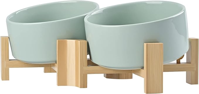 SPUNKYJUNKY 15° Slanted Ceramic Dog and Cat Bowl with Wooden Stand, Tilted Bulldog Food and Water Bowl No Slip Non-Spill for Cats Medium Dogs Big Face Pets 28.7 OZ (3.6 Cups, Morandi Green × 2)-Mewly Pet