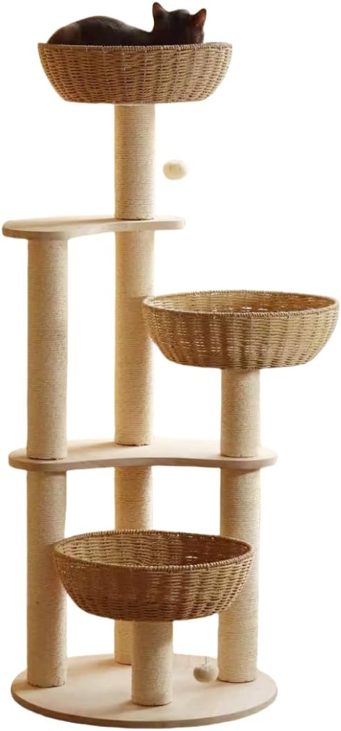 Modern Wood Rattan Cat Tree for Large Cats, Luxury Multi-Level Oak Solid Wood Cat Trees Towers，w/3 Weaving Cat Nests & Washable Cushions, Sisal Scratching Posts, for Indoor Large Cats-No paint/wax oil-Mewly Pet