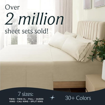 LuxClub Striped Sheets, 3 PC Striped Bed Sheets Twin Size, Deep Pockets 18" Eco Friendly Wrinkle Free-Kids-Fitted Sheets Machine Washable Hotel Bedding (Twin, Cream)