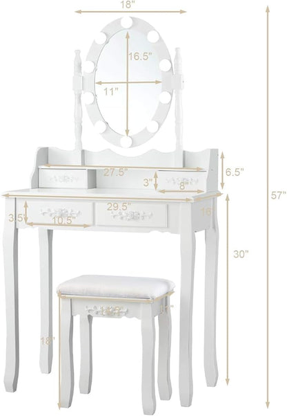Giantex Makeup Vanity Table with 10 LED Lights, Adjustable Brightness, 3 Color Light Modes, 4 Drawers, Rotatable Mirror, Cushioned Stool, Vanity Desk Dressing Table Bedroom Furniture (White)
