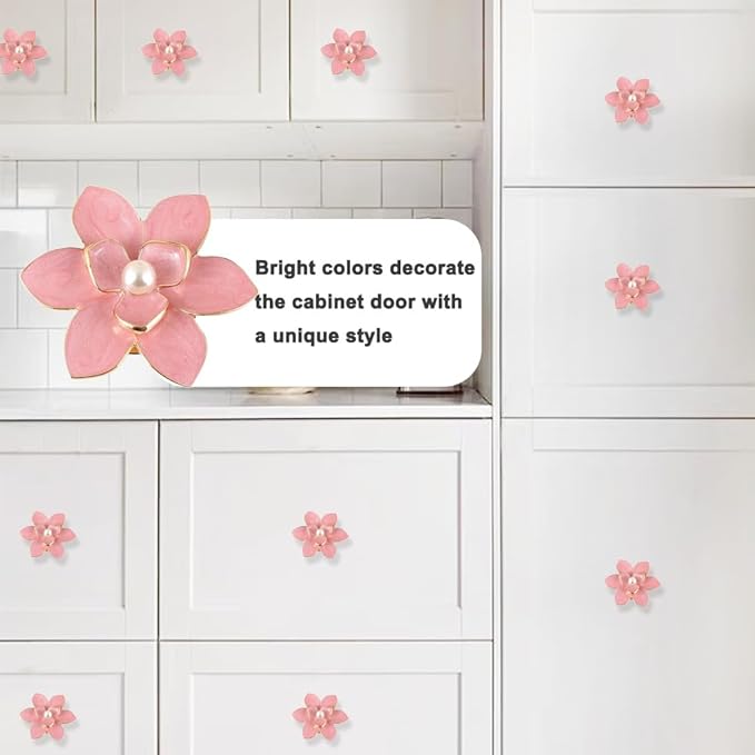 4 Pcs Petal Cabinet Knobs，Zinc Alloy Flower Shape Single Hole Knob with Screws for Dresser Handles Cabinet Wardrobe Door Handle Decorative Furniture (Pink Flower Pearl)