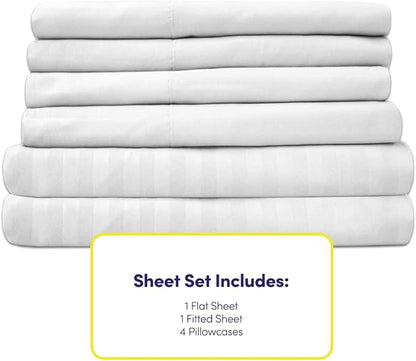 Dobby Stripe Queen Sheets - 6 Piece 1500 Supreme Collection Fine Brushed Microfiber Deep Pocket Queen Sheet Set Bedding - 2 Extra Pillow Cases, Great Value, Queen, Dobby White