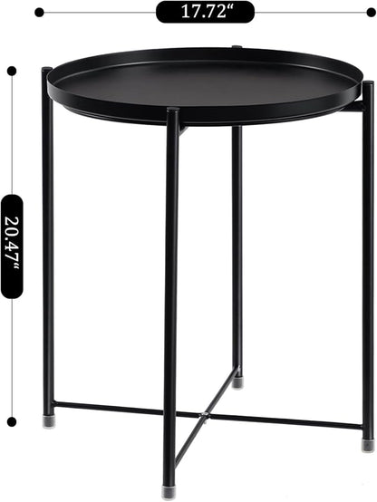 HollyHOME Round Metal Side Table, Outdoor Small Folding Accent Stand with Removable Tray, 17.72'' Portable End Table for Balconies, Gardens, Living Rooms and Bedrooms, Black