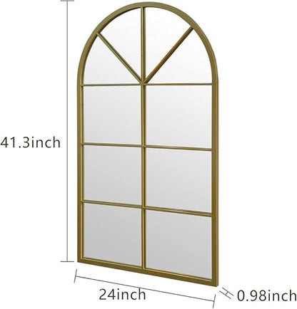ironsmithn Large Arched Grid Mirror, Gold Windowpane Mirror, 43.3"x25.5" Window Finished Metal Mirrors for Decor Living Room Fireplace Entryway Bedroom Hallway
