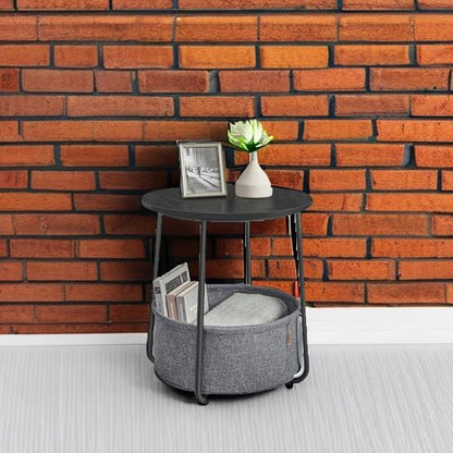 VASAGLE LILEA Collection - Small Round Side End Table, Modern Nightstand with Fabric Basket, Ebony Black and Slate Gray ULET223B01