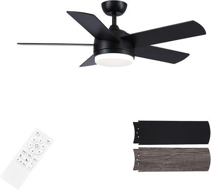 YUHAO 44 Inch Black Ceiling Fan with Light and Remote Control.Noiseless,Dimmable,3CCT,6 Speeds Reversible, DC Ceiling Fans for Indoor or Covered Outdoor