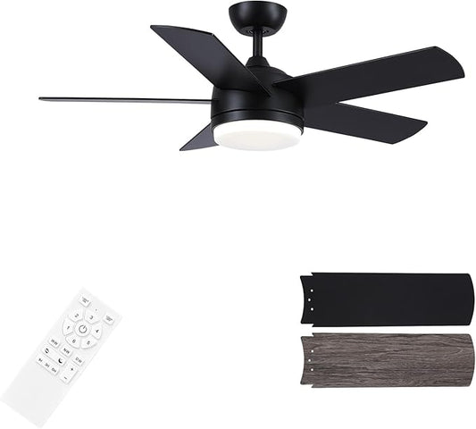 YUHAO 44 Inch Black Ceiling Fan with Light and Remote Control.Noiseless,Dimmable,3CCT,6 Speeds Reversible, DC Ceiling Fans for Indoor or Covered Outdoor