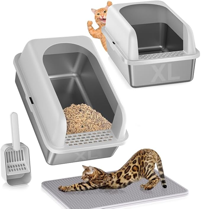 2 Pack Stainless Steel Litter Box, 24'' XL Extra Large Cat Litter Box with Lid, Metal Litter Boxes for Multiple Cats, Anti-Leakage,Non-Stick, Easy to Clean, Included Cat Litter Mat, Scoop-Mewly Pet
