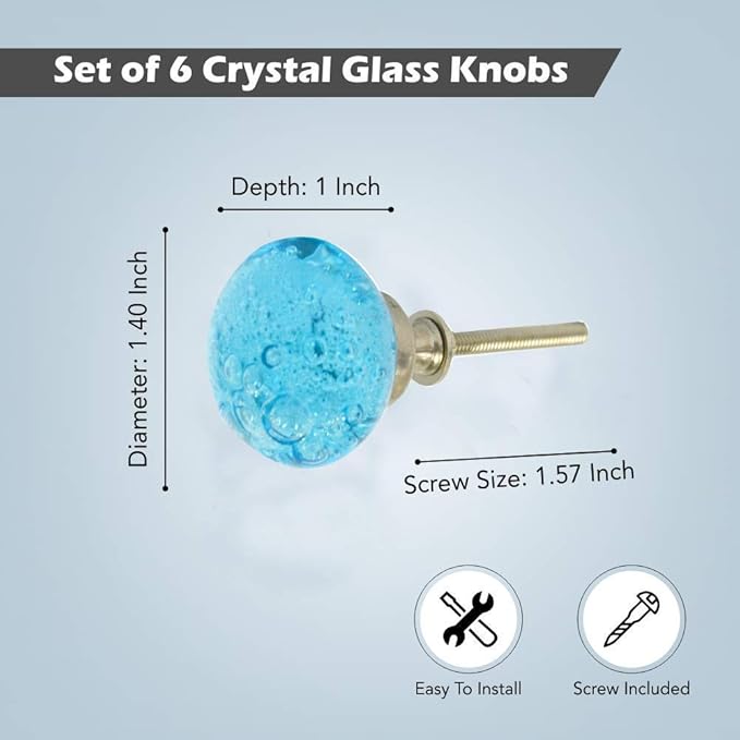 Perilla Home Set of 6 Knobs - Premium Blue Crystal Bubble Knobs Handles - Modern Decorative Glass Knobs for Home Decor, Kitchen, Cabinet, Hardware, Cupboard, Door, Dresser, Wardrobe and Drawer Pulls