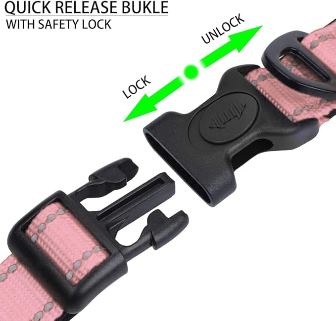 JSXD AirTag Dog Collar, Night Reflective Nylon Dog Collar for Small Medium Large Dogs,Lockable Quick Release Buckle,Padded Breathable Pet Collar with AirTag Holder (Pink, Large)-Mewly Pet