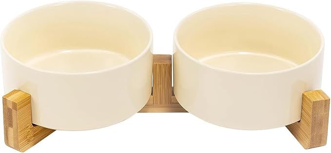 SPUNKYJUNKY Ceramic Dog and Cat Bowl Set with Wooden Stand, Modern Cute Weighted Food Water Set for Small Size Dogs (13.5OZ) & Medium Sized Dogs (28.7OZ) & Cats (3.6 Cups, 2 × Beige)-Mewly Pet