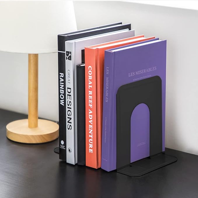 MaxGear Premium Matte Painted Book Ends, Heavy Duty and Sturdy Bookends for Shelves, Office Non-Skid Metal Book End Stopper for Books/CDs/DVDs, 6 x 4.6 x 6 in, Black, 2 Pairs/4 Pieces, Large