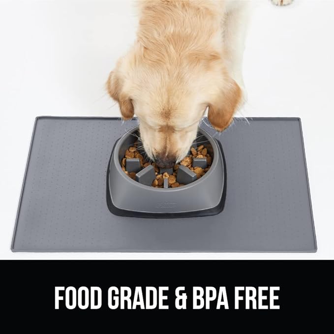 GORILLA GRIP 100% Waterproof Raised Edge BPA Free Silicone Pet Feeding Mat, Dog Cat Food Mats Contain Spills Protects Floors, Placemats for Cats and Dogs Water Bowl, Pets Accessories 18.5x11.5 Gray-Mewly Pet