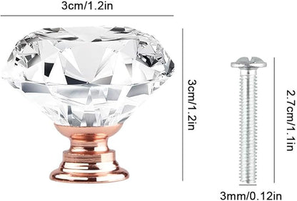 Tomorotec Set of 12 Rose Gold Base Crystal Clear Glass Drawer Pulls - 30mm Pink Diamond-Shaped Cupboard Knobs with Screws for Kitchen, Dresser, Bathroom and Wardrobe Cabinets