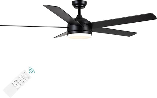 YUHAO 60 Inch Black Ceiling Fan with Light and Remote Control.Noiseless,Dimmable,3CCT,6 Speeds Reversible, DC Ceiling Fans for Indoor or Covered Outdoor