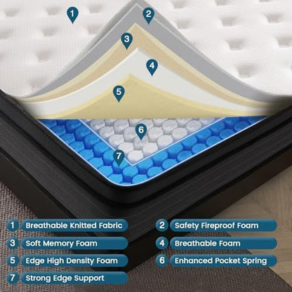 King Size Mattress, 12 Inch Hybrid Memory Foam Mattress with Pocket Springs for Motion Isolation Pressure Relief, CertiPUR-US