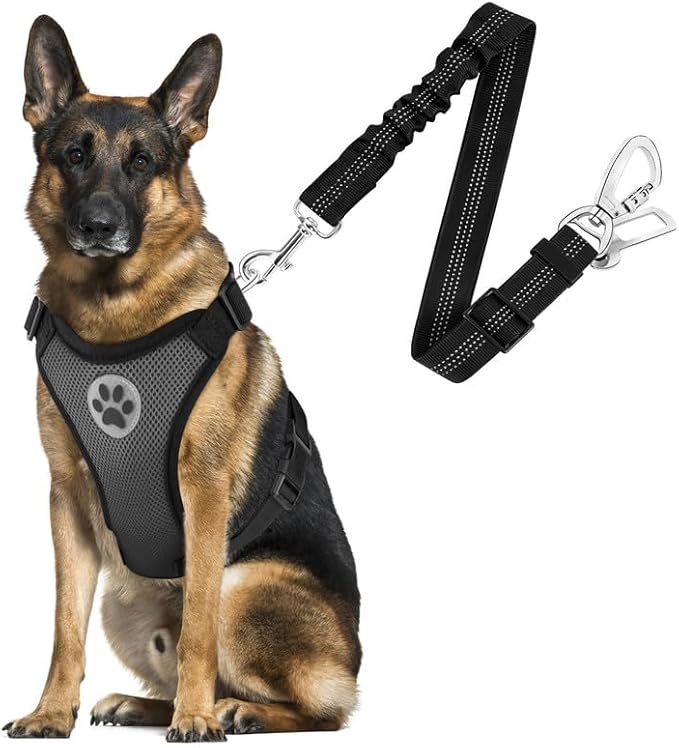 SlowTon Dog Seat Belt Harness for Car, Dog Car Harness Adjustable Mesh Breathable & Dog Seatbelt Safety Tether with Elastic Bungee for Small Medium Large Pets(Grey, Double Clip, L)-Mewly Pet