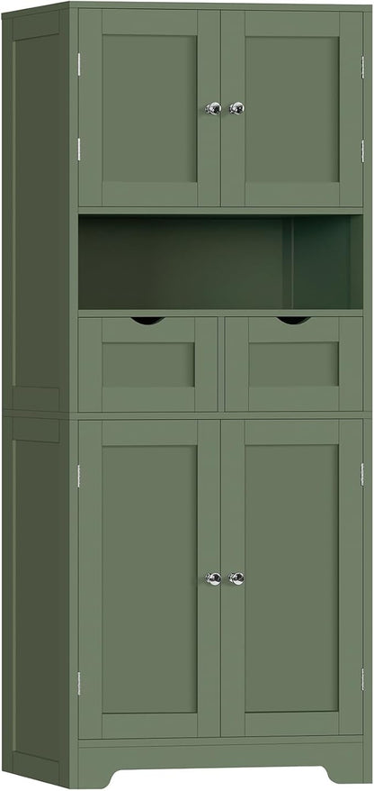 Iwell 58" H Tall Bathroom Storage Cabinet with 2 Drawers & 2 Adjustable Shelves, Bathroom Cabinet with 4 Doors, Tall Cabinet for Living Room, Dining Room, Entryway, Forest Green