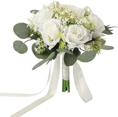 Wedding Rose Bouquet Bridesmaid Flower Bouquets, Artificial Rose White Wedding Bouquets for Bride Bridesmaid Bouquet Faux Bouquet Bride Bridesmaid Holding Flower for Wedding Decor