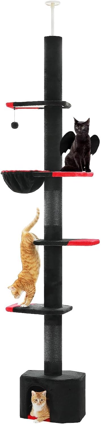 PAWZ Road Gothic Cat Tree, Floor to Ceiling Cat Tower with Adjustable Height (86.8-120 Inches), 5 Tiers Black Cat Condo with Cozy Hammock, Fully Scratching Posts and Dangling Balls for Indoor Cats-Mewly Pet