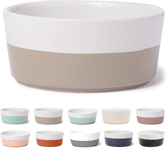 Waggo Dipper Ceramic Dog Bowl for Small and Large Breeds - Heavyweight and Durable Pet Food and Water Dish Crock, Dishwasher Safe, Modern (Vintage Grey, Medium)-Mewly Pet