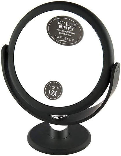Danielle Creations 6.75-Inch Portable Two-Sided Vanity Round Vanity Makeup Mirror, No-Slip Soft Touch with 360 Rotation, 12x Magnification, Midnight Matte Black