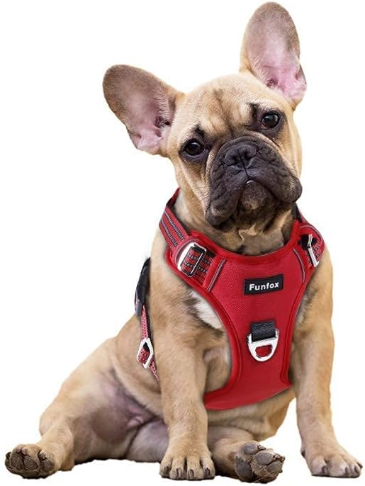 Funfox Dog Harness No Pull, Adjustable Pet Vest Harness, Super Soft Material with Vertical Handle Easy Control, Reflective Night Walking, 2 Leash Clips for Small Sized Dogs, Red, S-Mewly Pet