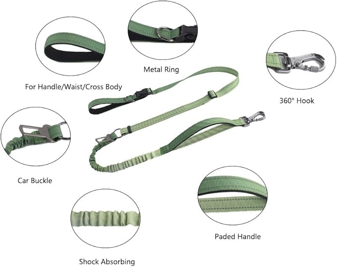 Hands Free Dog Leash for Large Medium Dogs Heavy Duty Bungee Reflective Adjustable Waist Leashes for Walking Running with Car Buckle 4-6FT (Green-1)-Mewly Pet