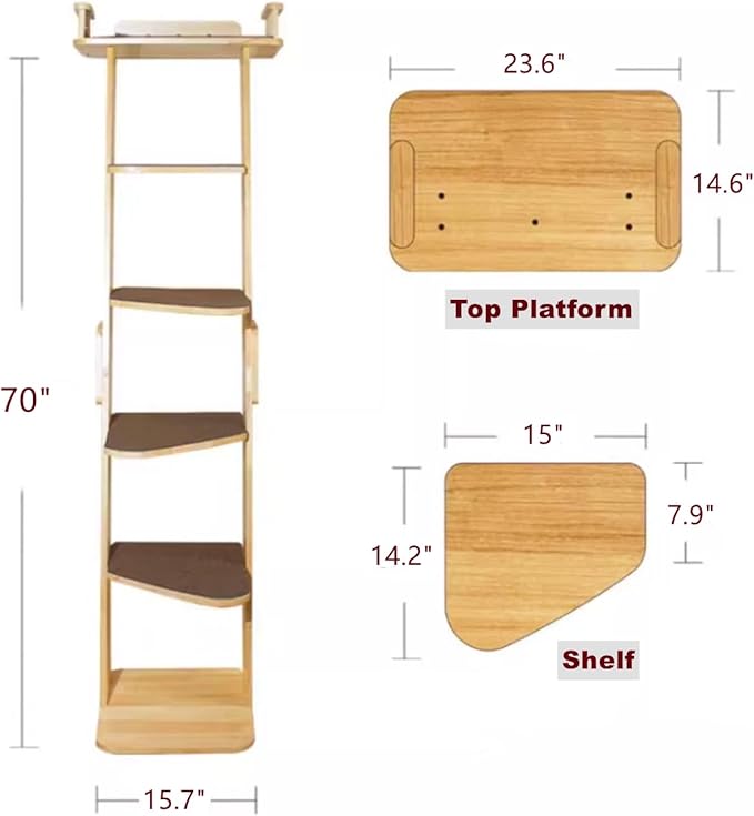 Modern 70“ Tall 6 Level Leaning Cat Climbing Ladder Tree Tower Condo with Large Perch Platform for Window Wall, Solid Wood Cat Furniture Shelves for Multiple Cats-Mewly Pet