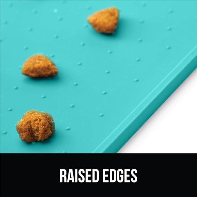 GORILLA GRIP 100% Waterproof Raised Edge BPA Free Silicone Pet Feeding Mat, Dog Cat Food Mats Contain Spills Protects Floors, Placemats for Cats and Dogs Water Bowl, Pets Accessories 16x10, Turquoise-Mewly Pet