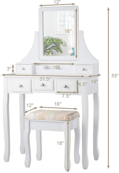 CHARMAID Makeup Vanity Set with Mirror and Cushioned Stool, Dressing Table with 5 Drawers and Removable Storage Organizers, Bedroom Makeup Table with Stool for Women Girls (White)