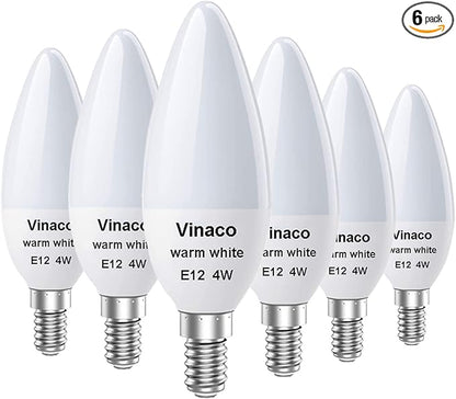Vinaco E12 LED Bulb, 6 Pack E12 Candelabra Bulb 4 Watt Warm White 3000K, High Brightness 400LM & 25000+ Long Lifespan Bulb, E12 Candelabra Base Light Bulb for Ceiling Fan Light Bulb