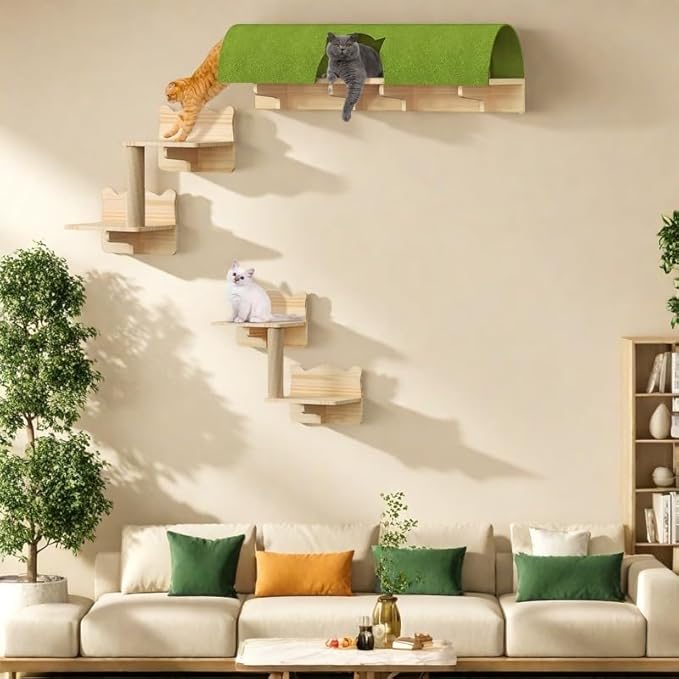 Cat Wall Shelves and Perches, Solid Wood Wall Cat Furniture, Set of 7 Feline Climbing Shelves with Bed, Steps, Scratching Post and Tunnel-Mewly Pet