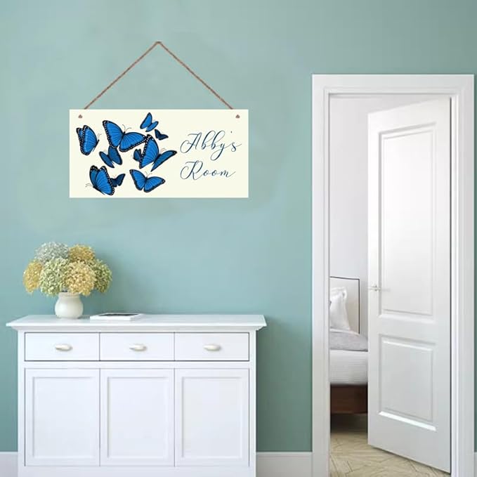 Personalized Blue Butterfly Sign Door Décor For Kids Room Custom Name Wall Art Decor, Nice Floral Nursery Art Plate For Girls Room Living Room Bedroom Greenhouse Garden
