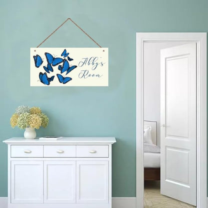 Personalized Blue Butterfly Sign Door Décor For Kids Room Custom Name Wall Art Decor, Nice Floral Nursery Art Plate For Girls Room Living Room Bedroom Greenhouse Garden