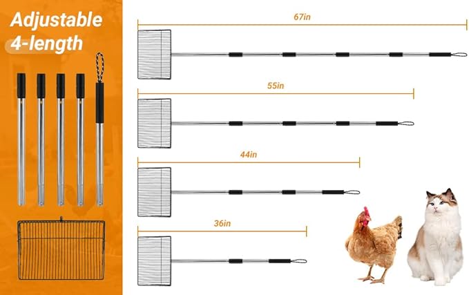 10inch Large Chicken Poop Scooper,36 to 67" Adjustable Long Chicken Coop Litter Metal Scoop with Stainless Steel Handle,5-in-1 Detachable Poop Shovel for Sand,Pet,Chicken,Cat Cleaning Tools.-Mewly Pet