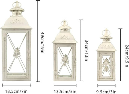 TRIROCKS 3-Pack Decorative Lanterns - 19" Vintage Metal Candle Holders with Tempered Glass - Perfect for Christmas, Living Room, Garden, Patio, Indoor & Outdoor Events (White with Gold Brush Finish)