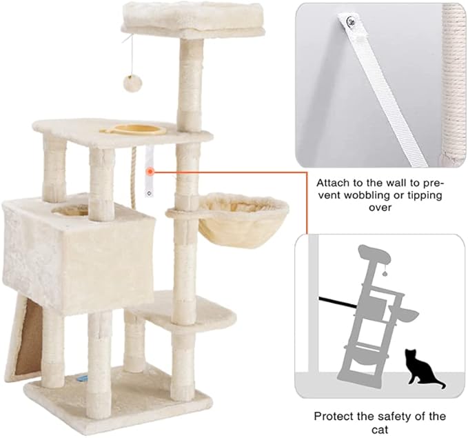 Heybly Cat Tree, Cat Tower for Indoor Cats with Scratching Board, Multi-Level Cat Furniture Condo with Feeding Bowl, Beige HCT010M-Mewly Pet