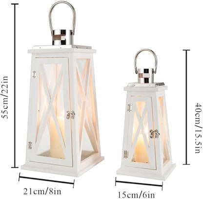 TRIROCKS Set of 2 Farmhouse Wooden Lantern 15.5''&22'' Metal Decorative Candle Holders with Tempered Glass Rustic Outdoor Lantern for Thanksgiving Christmas Patio Wedding Parties Indoor Outdoor(White)